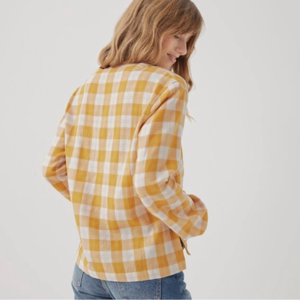 NWOT Pact Coastal Daily Organic Cotton Gingham Double Gauze V-Neck Top Yellow M - Picture 5 of 16